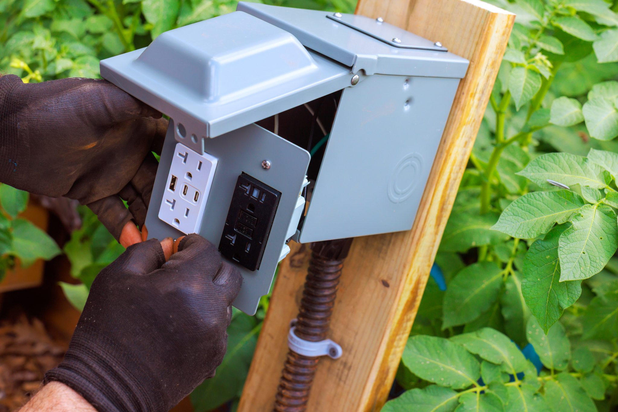 Gloved hands install a GFCI and USB outlet in a gray weatherproof box mounted on a wooden post among green plants.
